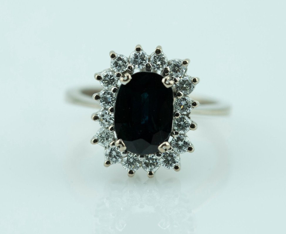 Bague - 18 carats Or blanc Saphir - Diamant #1.0