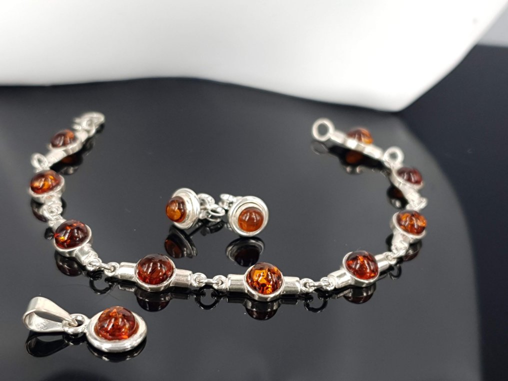 Prata, Comprimento do bracelete 18 cm / Âmbar do Báltico natural / Sem preço de reserva. - Bracelete #1.0