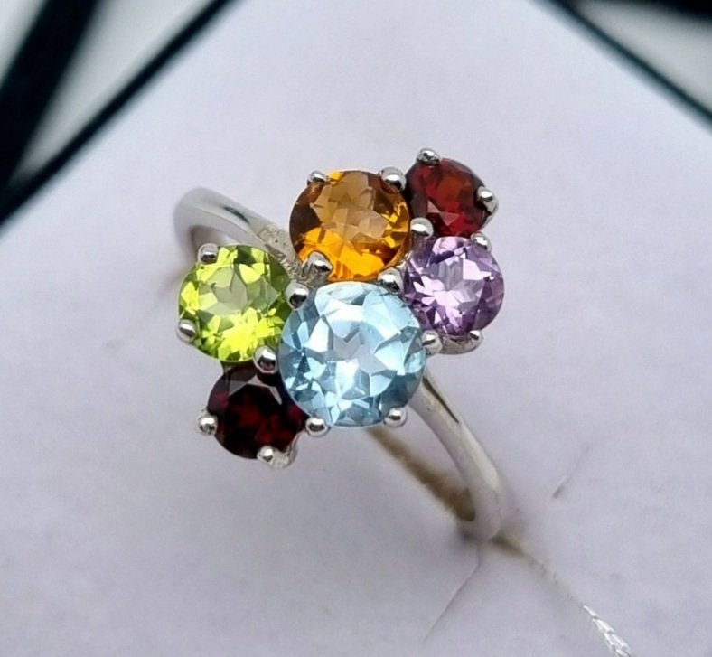 χωρίς τιμή ασφαλείας - Δαχτυλίδι Ασημί, Μπλε τοπάζι, ρουμπίνι, περρίτης, αμέθυστος, κιτρίνης #1.0