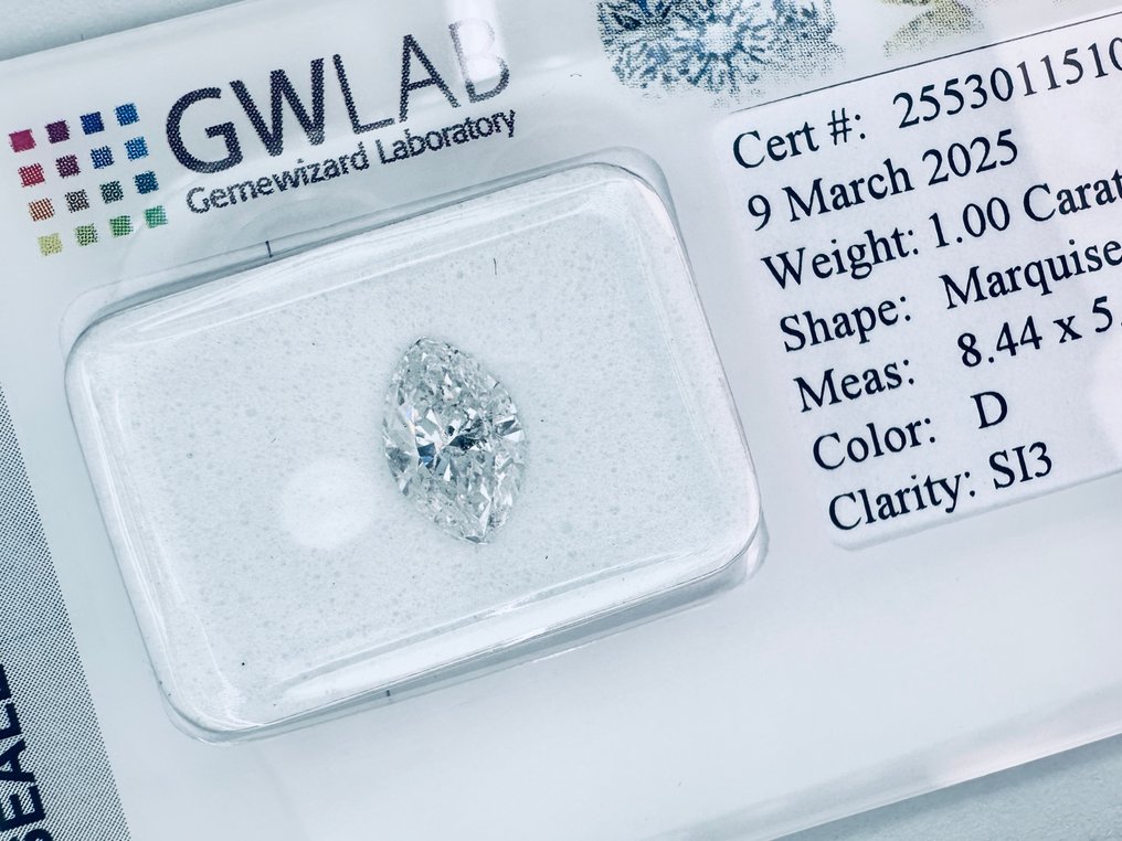 1 pcs Diamond (Natural) - 1.00 ct - Marquise - D (colourless) - SI3 - Gemewizard Gemological Laboratory (GWLab) - ( NATURAL ) #3.2