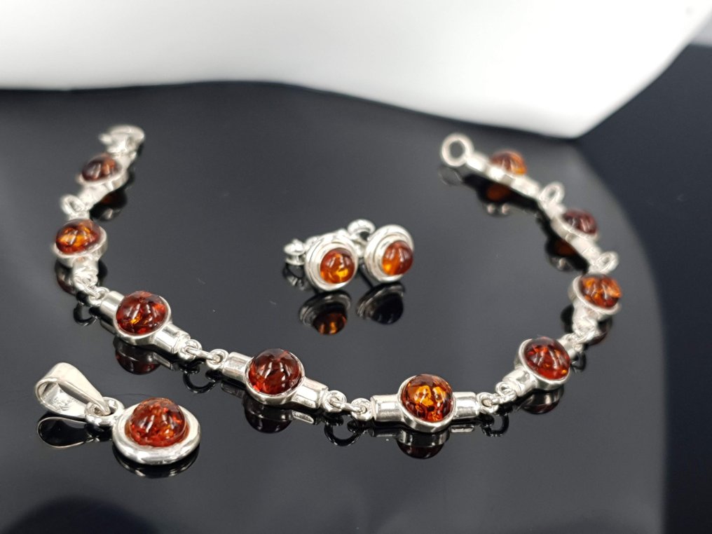 Prata, Comprimento do bracelete 18 cm / Âmbar do Báltico natural / Sem preço de reserva. - Bracelete #1.0