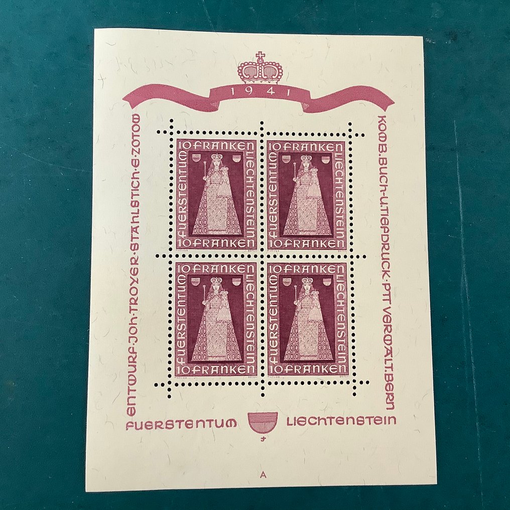 Liechtenstein 1941 - Kis lapocska Madonna von Dux-szal, A lemezszámmal. - Michel KB 197 #3.2