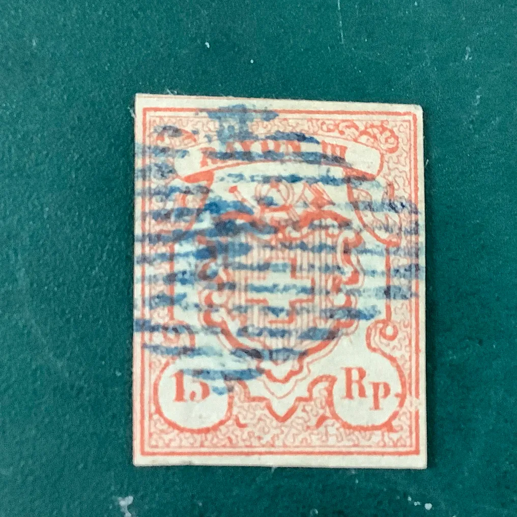 Schweiz 1852 - 15 Rp Rayon III med små tal og sjælden blå annullering og feilfri certifikat Moser - Michel 10 / Zumstein 18 #1.0