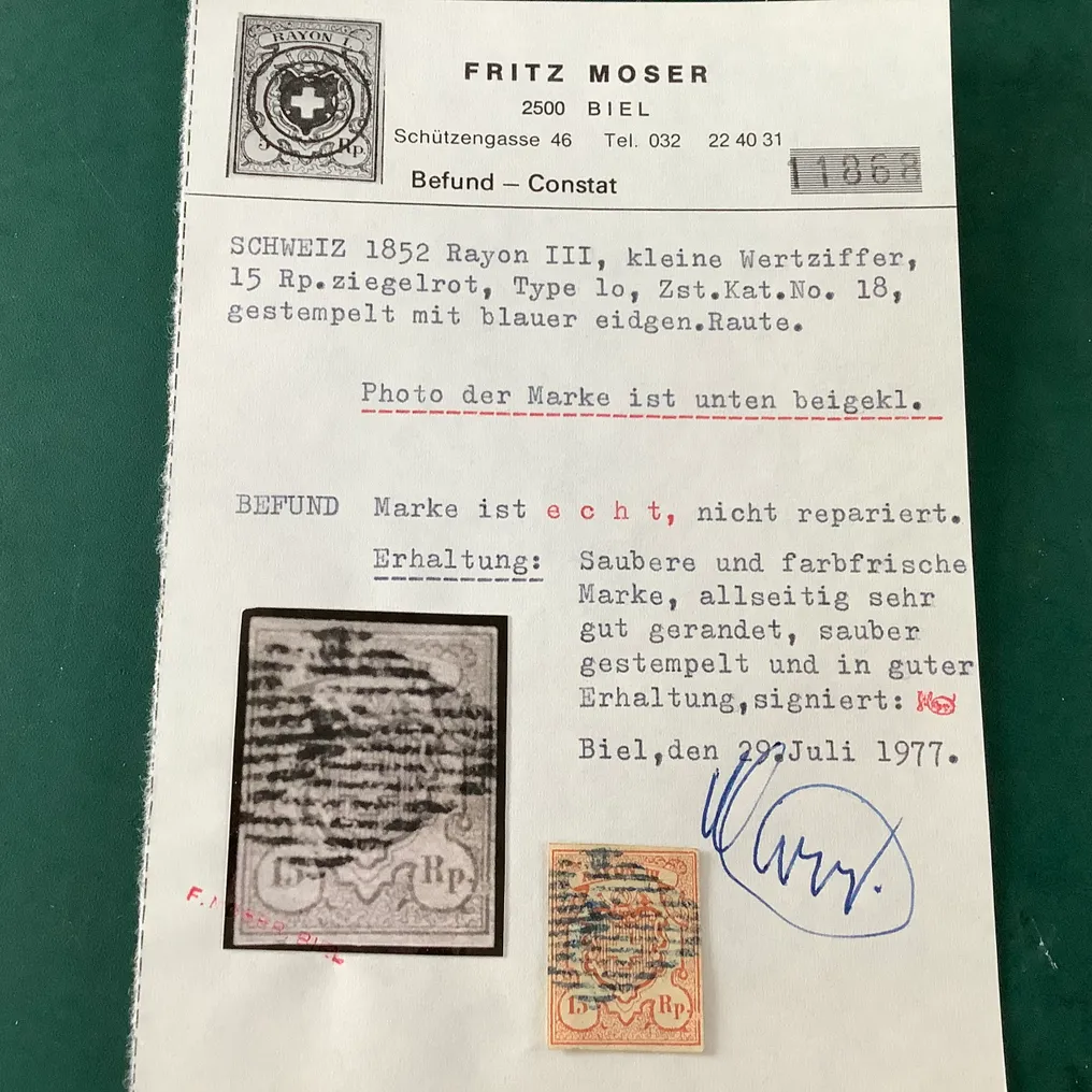 Schweiz 1852 - 15 Rp Rayon III med små tal og sjælden blå annullering og feilfri certifikat Moser - Michel 10 / Zumstein 18 #2.1