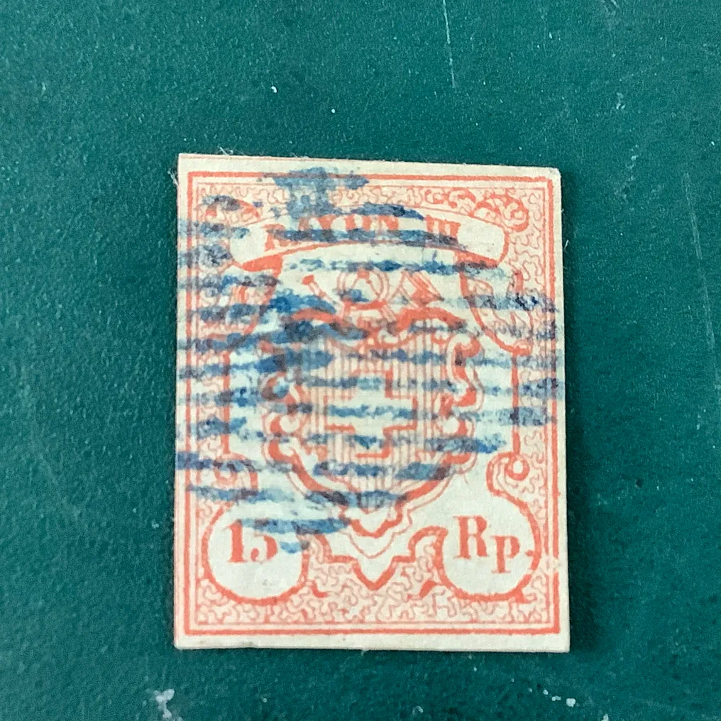Schweiz 1852 - 15 Rp Rayon III med små tal og sjælden blå annullering og feilfri certifikat Moser - Michel 10 / Zumstein 18 #3.2