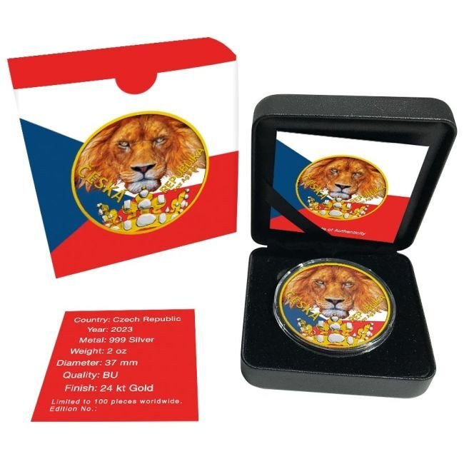 Csehország. 2 Dollars 2023 2 oz Czech Lion Stand Flag Colorized Gilded Silver Coin #1.0