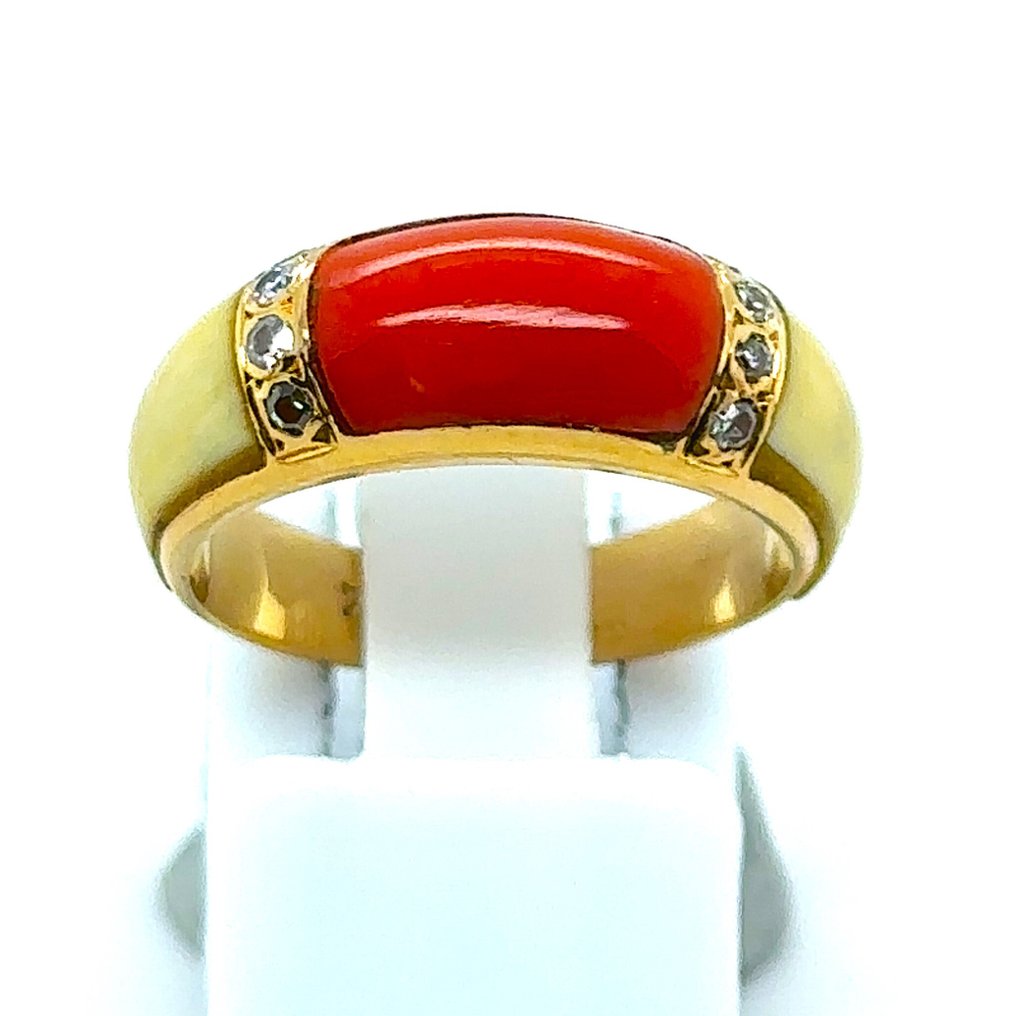 Gyűrű - 18 kt. Sárga arany - 0.13ct. tw. Gyémánt (Természetes) - Vér korall - 18K gyűrű átmérője elefántcsont korall #4.3