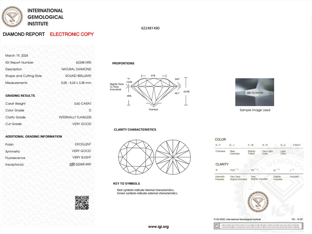 1 pcs Διαμάντι  (Φυσικό)  - 0.60 ct - Στρογγυλό - D (άχρωμο) - IF - International Gemological Institute (IGI) #3.2