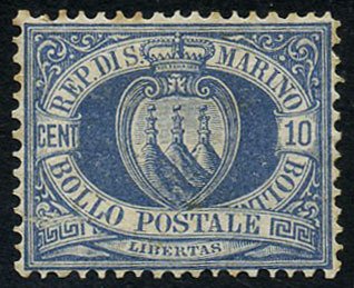 聖馬力諾 1877 - 10 美分海外徽章，居中效果極佳。 - Sassone N. 3 #1.0
