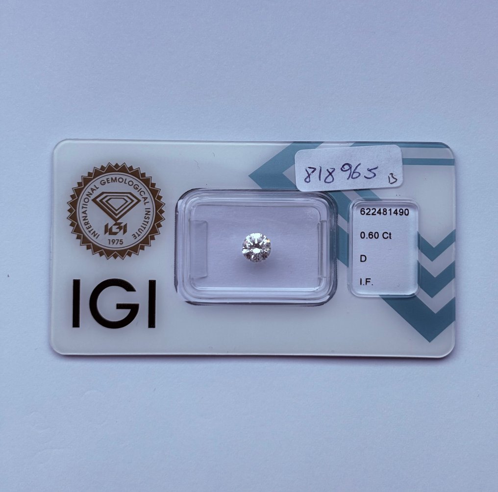 1 pcs Διαμάντι  (Φυσικό)  - 0.60 ct - Στρογγυλό - D (άχρωμο) - IF - International Gemological Institute (IGI) #1.0
