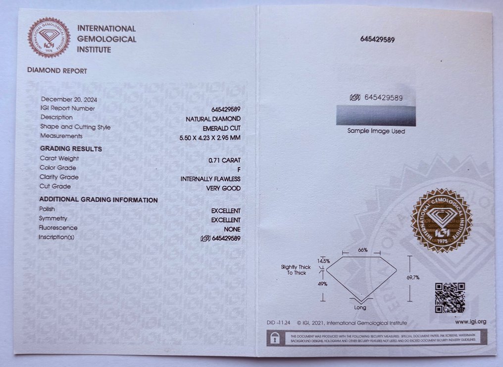 1 pcs Διαμάντι (Φυσικό) - 0.71 ct - Σμαράγδι - F - IF - International Gemological Institute (IGI) #2.1