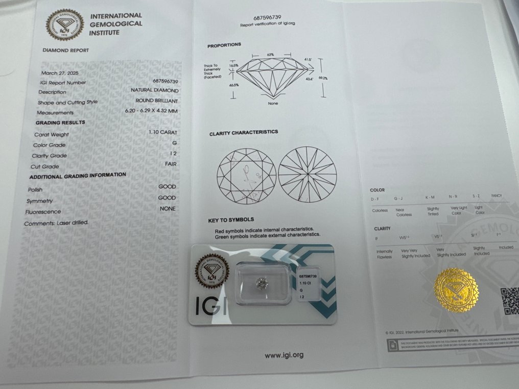 没有保留价 - 1 pcs 钻石  (天然)  - 1.10 ct - 圆形 - G - I2 内含二级 - 国际宝石研究院（IGI） #1.0