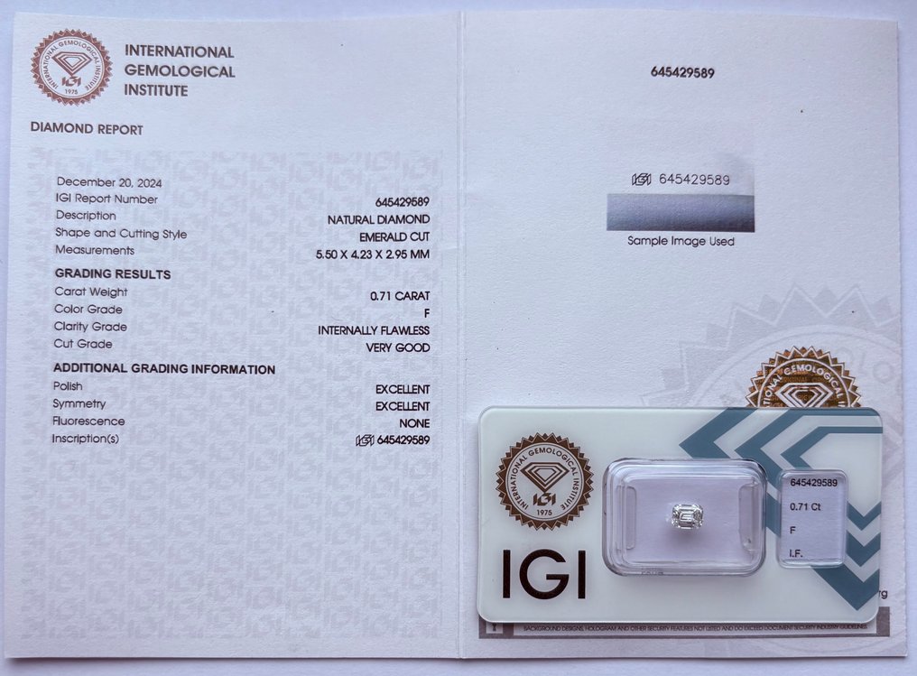 1 pcs Διαμάντι (Φυσικό) - 0.71 ct - Σμαράγδι - F - IF - International Gemological Institute (IGI) #3.2