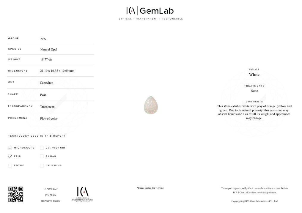 白色 蛋白石  - 18.77 ct - 國際有色寶石協會 (ICA GemLab) - 罕见的精彩色彩展现 #2.1