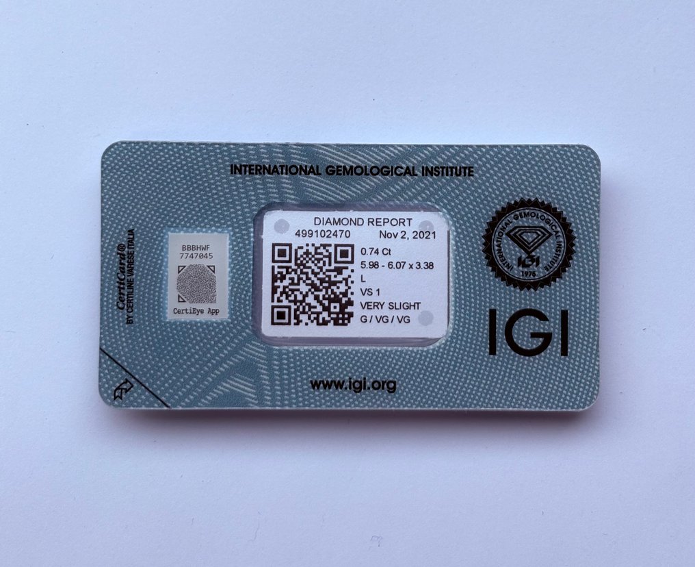 1 pcs 钻石  (天然)  - 0.74 ct - 圆形 - L - VS1 轻微内含一级 - 国际宝石研究院（IGI） #1.0