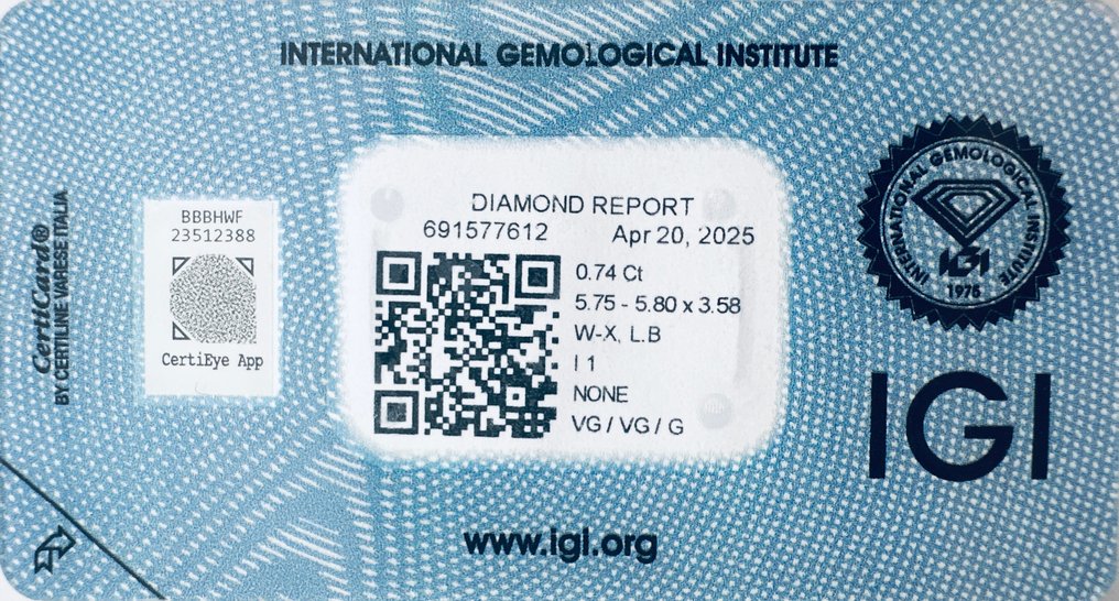 1 pcs 钻石  (天然)  - 0.74 ct - 圆形 - I1 内含一级 - 国际宝石研究院（IGI） - （自然，W - X） #4.3