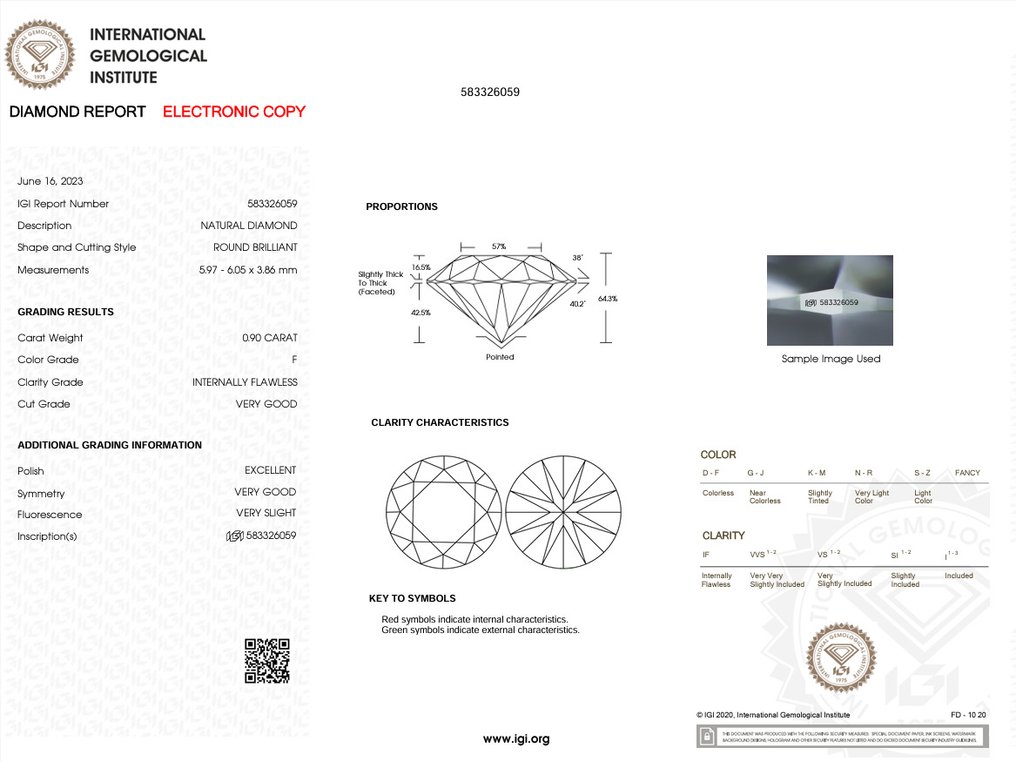 1 pcs Diamond (Natural) - 0.90 ct - Round - F - IF - International Gemological Institute (IGI) #1.0