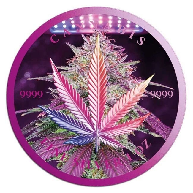 Tchad. 5000 Francs 2024 1 oz, Cannabis Greenhouse Cyber Purple Bud Holographic Colorized Silver Coin #1.0