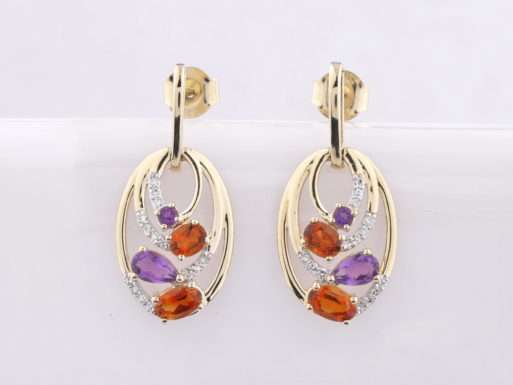 Korvakorut - 14 kt. Keltakulta - 1.33ct. tw. Ametisti - Timantti #1.0