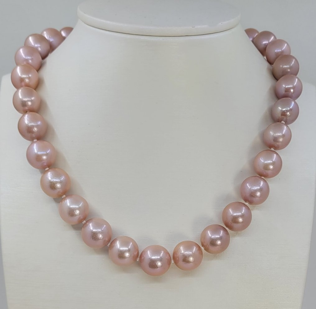 頸鏈 - 14 克拉 白金 - 12x14mm 爱迪生珍珠 #1.0