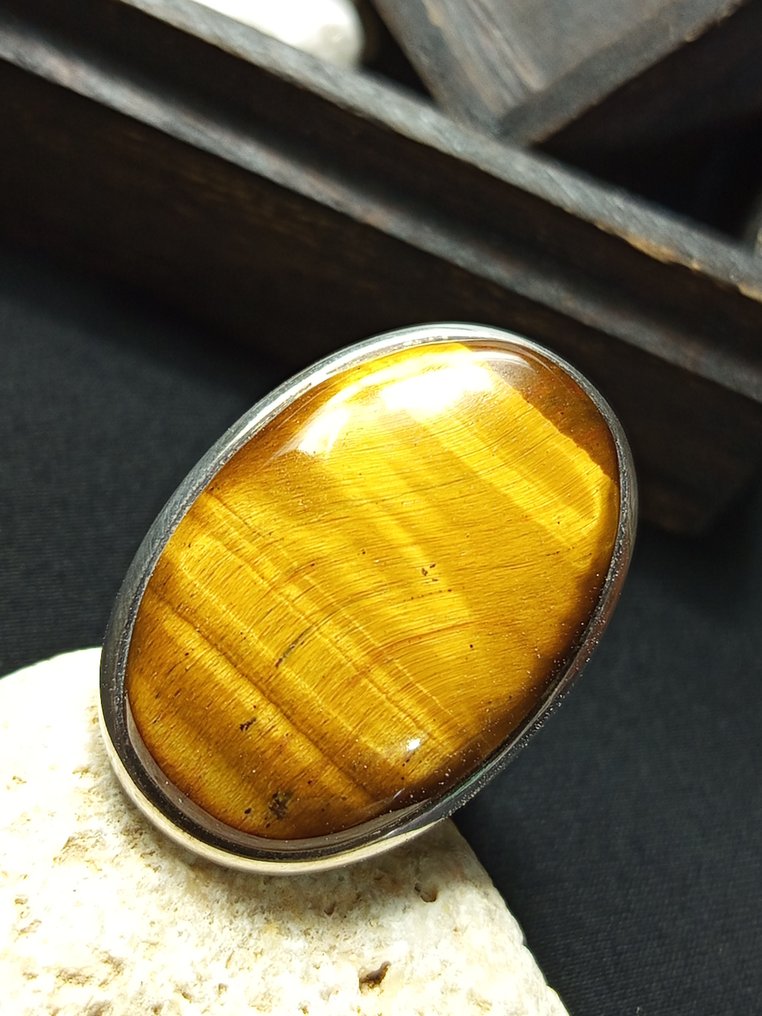 925 silver ring with top-quality Tiger's Eye, one-of-a-kind piece.- 13 g - (1) #4.3