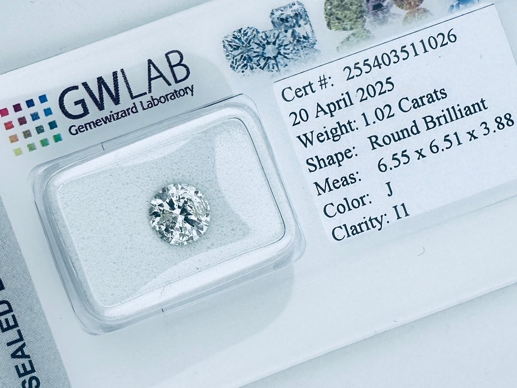 1 pcs Gyémánt  (Természetes)  - 1.02 ct - Kerek - J - I1 - Gemewizard Gemmológiai Laboratórium (GWLab) - ( TERMÉSZETES - EX/EX/VG ) #3.2