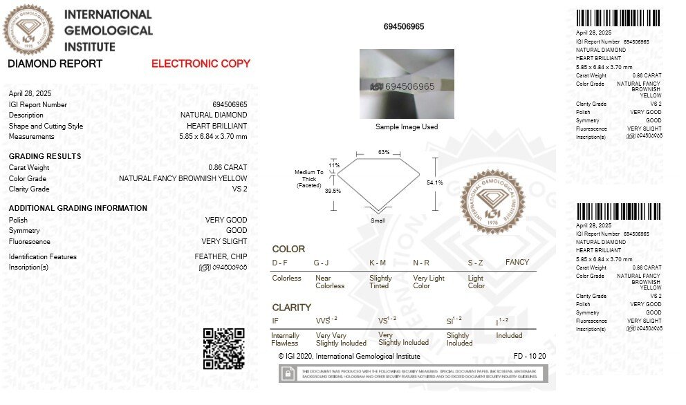 1 pcs 钻石 (天然色彩的) - 0.86 ct - 心形 - Fancy 稍帶棕色的 黄色 - VS2 轻微内含二级 - 国际宝石研究院(IGI) #2.1