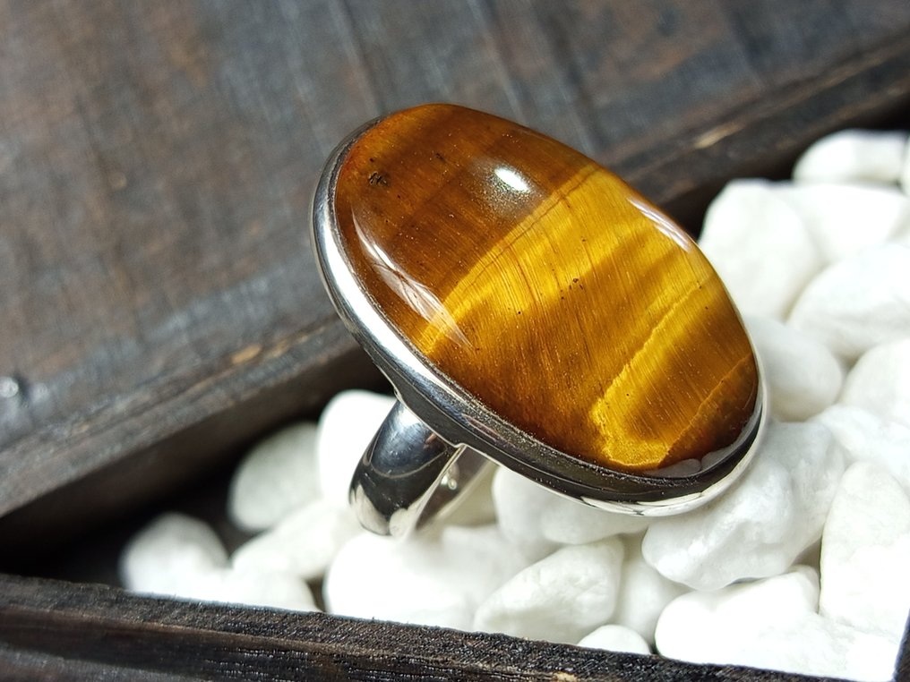 925 silver ring with top-quality Tiger's Eye, one-of-a-kind piece.- 13 g - (1) #1.0