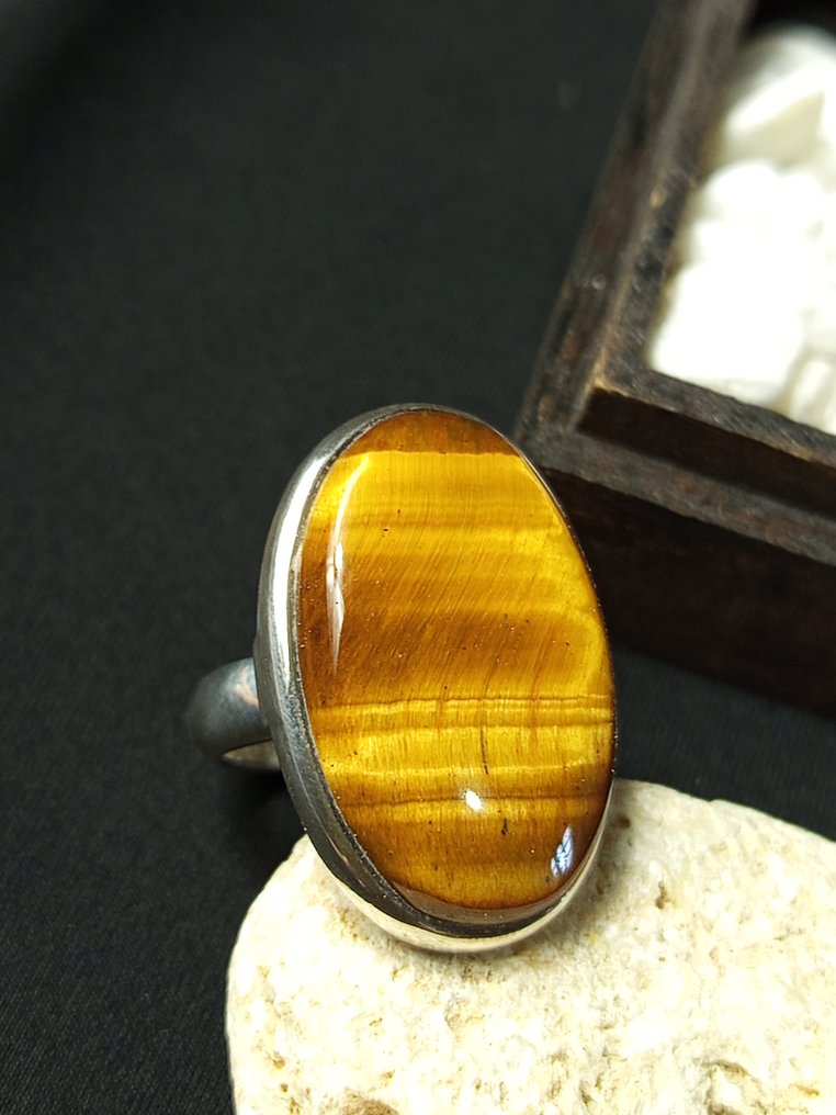 925 silver ring with top-quality Tiger's Eye, one-of-a-kind piece.- 13 g - (1) #2.1