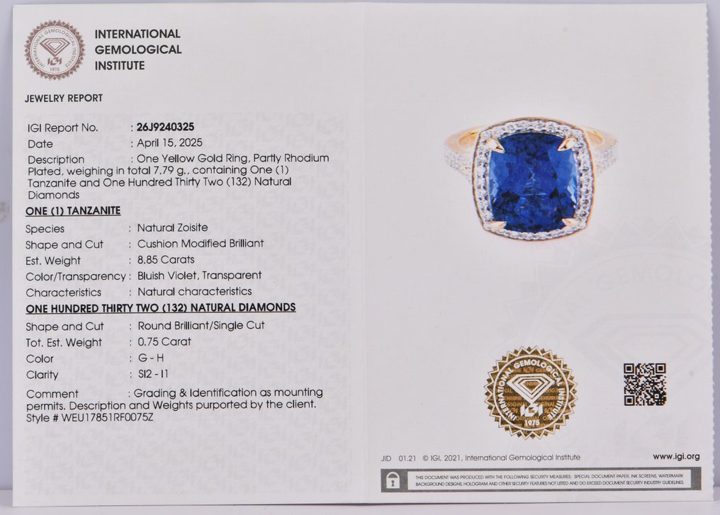 Bague - 14 carats Or jaune, plaqué rhodium -  9.60ct. tw. Tanzanite - Diamant - Bague en or jaune 14K avec pierre de couleur #2.1