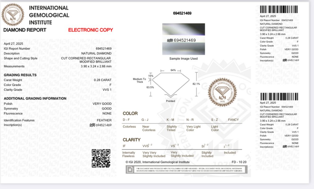 1 pcs 钻石  (天然)  - 0.28 ct - 雷地恩型 - F - VVS1 极轻微内含一级 - 国际宝石研究院（IGI） #3.2