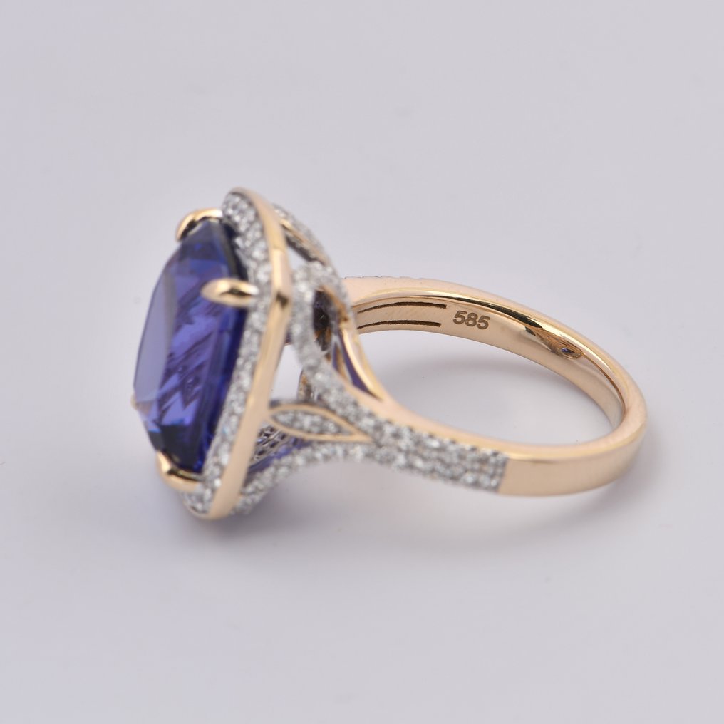 Bague - 14 carats Or jaune, plaqué rhodium -  9.60ct. tw. Tanzanite - Diamant - Bague en or jaune 14K avec pierre de couleur #3.2