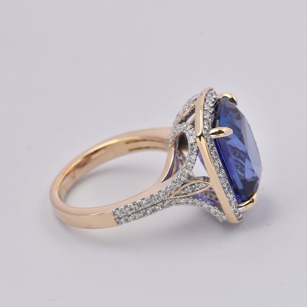 Bague - 14 carats Or jaune, plaqué rhodium -  9.60ct. tw. Tanzanite - Diamant - Bague en or jaune 14K avec pierre de couleur #4.3