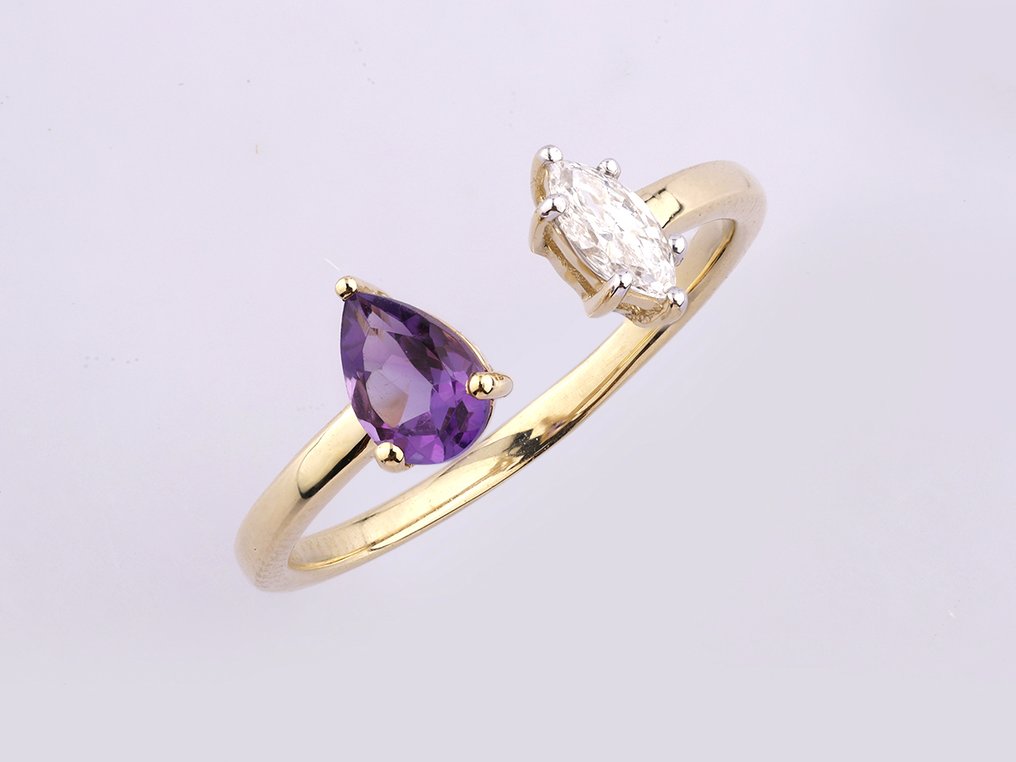 Δαχτυλίδι - 14 καράτια Κίτρινο χρυσό -  0.59ct. tw. Αμέθυστος - Διαμάντι #3.2