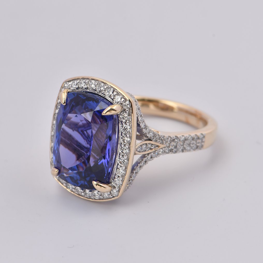 Bague - 14 carats Or jaune, plaqué rhodium -  9.60ct. tw. Tanzanite - Diamant - Bague en or jaune 14K avec pierre de couleur #1.0
