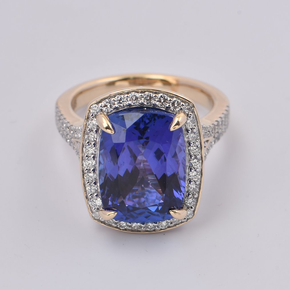 Bague - 14 carats Or jaune, plaqué rhodium -  9.60ct. tw. Tanzanite - Diamant - Bague en or jaune 14K avec pierre de couleur #1.0