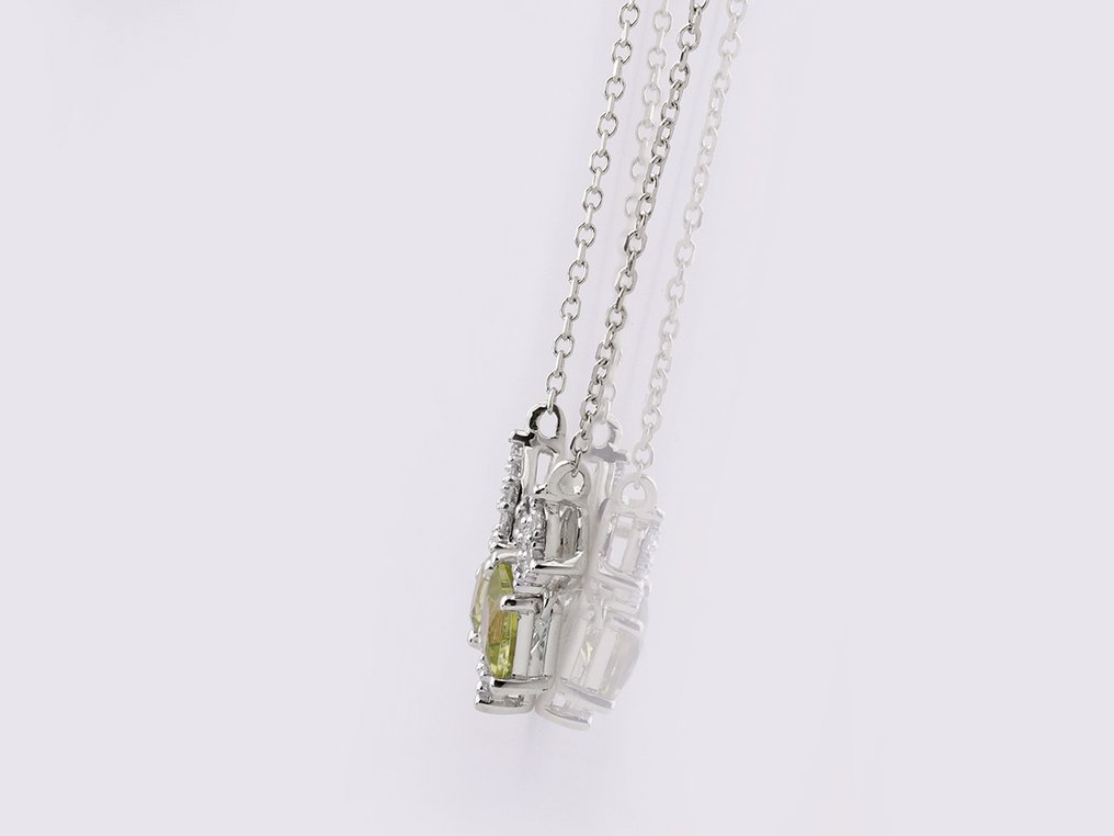 吊墜頸鏈 - 14 克拉 白金 -  0.90ct. tw. 貴橄欖石 - 鉆石 #2.1