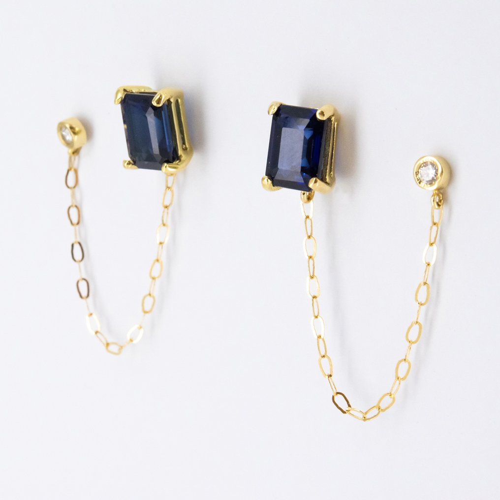 Drop fülbevaló - 18 kt. Sárga arany Zafír - Gyémánt #2.1