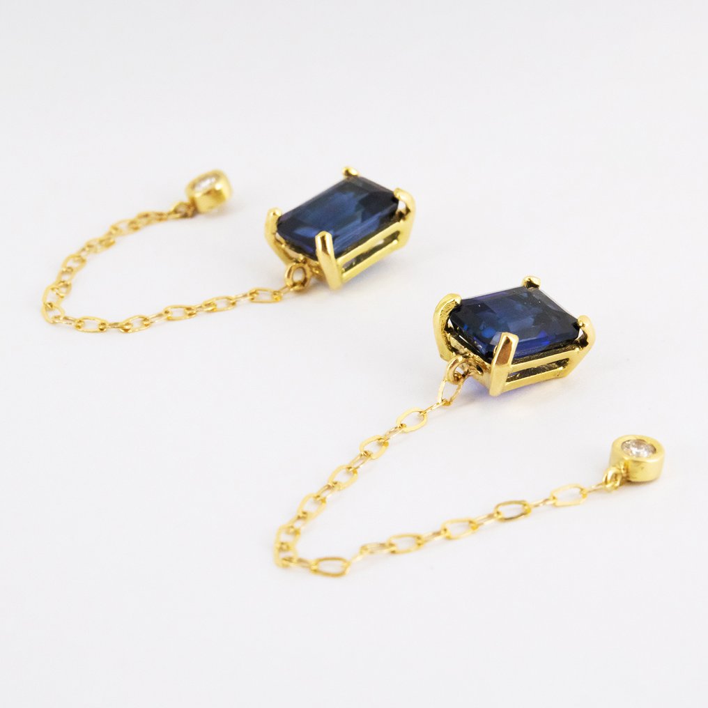 Drop fülbevaló - 18 kt. Sárga arany Zafír - Gyémánt #4.3