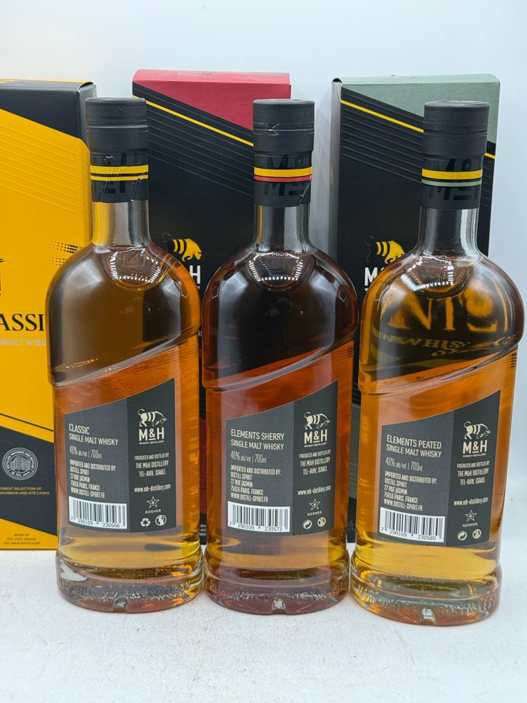 M&amp;H Elements Sherry Cask - Peated - Classic - 700 ml - 3 flasker - Catawiki