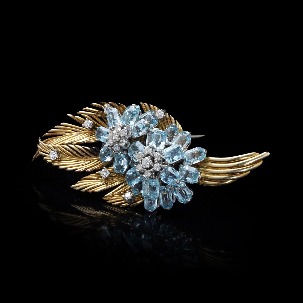 Καρφίτσα Σετ καρφίτσα με παλαιό χρυσό 18 καρατίων και ανθοστοιχία, με 10,00 καράτια ακαμαρίνοι και 0,75 #4.3