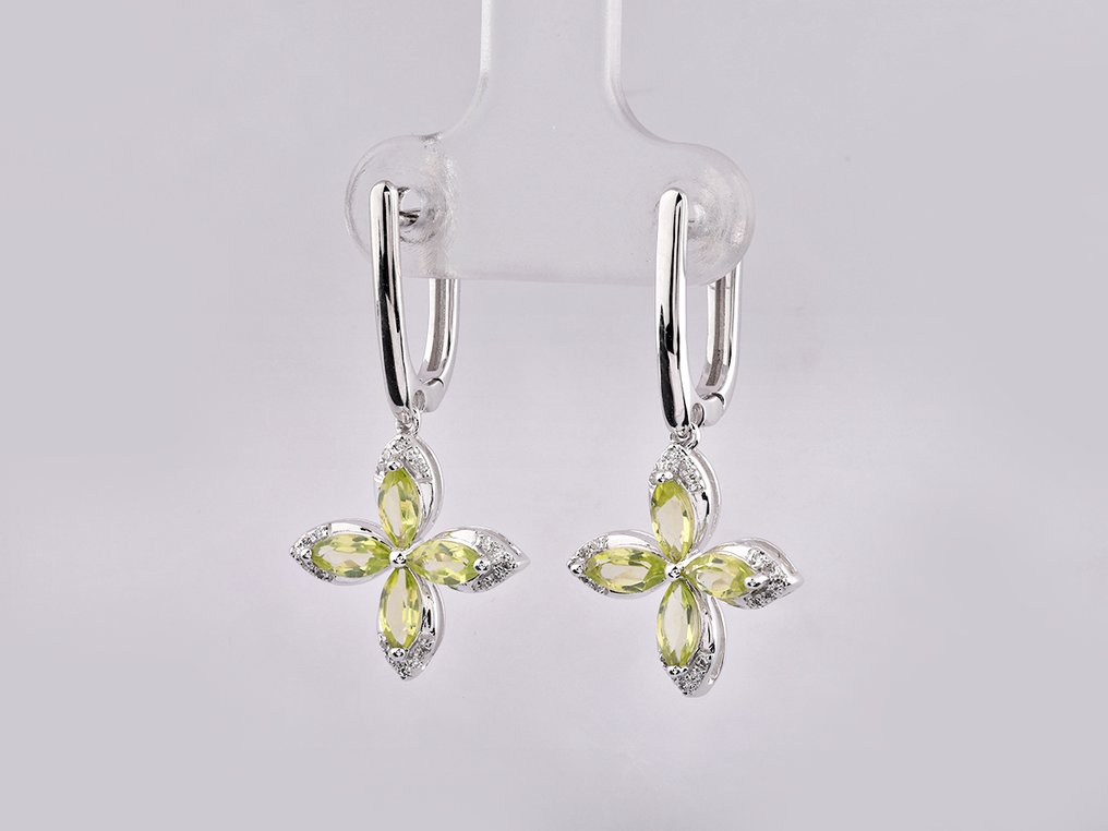 耳环 - 14K包金 白金 - 1.56ct. tw. 橄榄石 - 钻石 #1.0