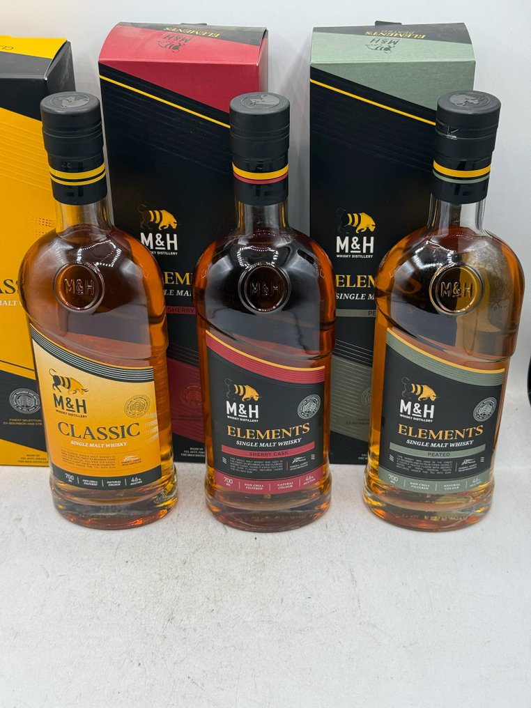 M&amp;H Elements Sherry Cask - Peated - Classic - 700 ml - 3 flasker - Catawiki