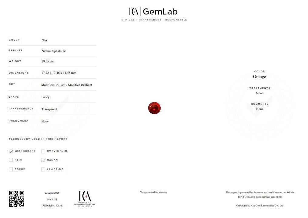 橙色 閃鋅礦 - 28.05 ct - 國際有色寶石協會 (ICA GemLab) #3.2