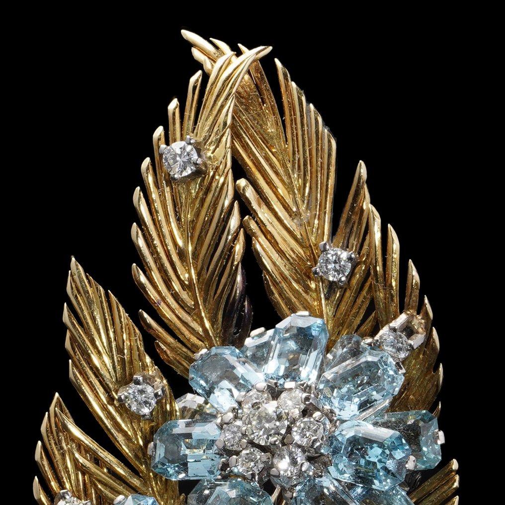 Καρφίτσα Σετ καρφίτσα με παλαιό χρυσό 18 καρατίων και ανθοστοιχία, με 10,00 καράτια ακαμαρίνοι και 0,75 #1.0