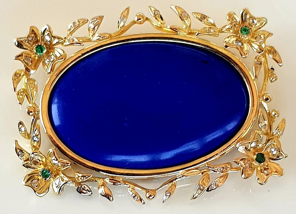 胸针 - 18K包金 黄金 青金石 - 钻石 - 青金石、钻石、翡翠 #3.2