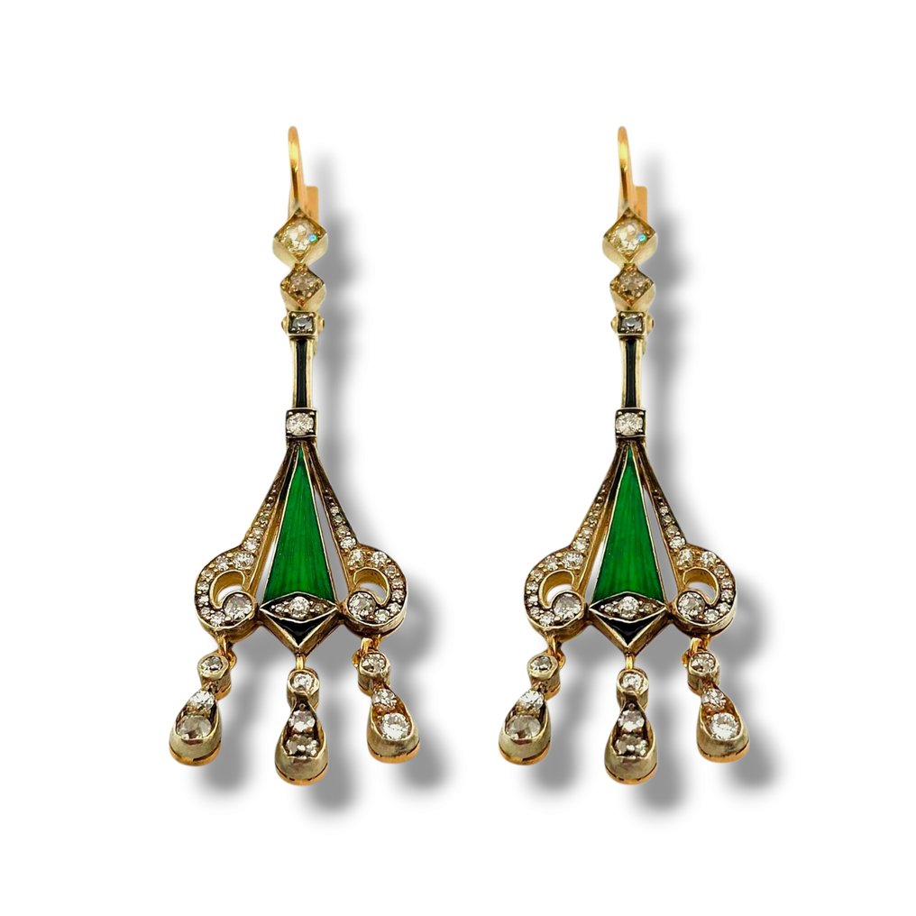 Drop fülbevaló - 14 kt. Sárga arany, Imperial Russian Period 56K arany (14K) gyémánt és zománc fülbevalók 2.0Ct - 2.00ct. tw. Gyémánt (Természetes) #4.3
