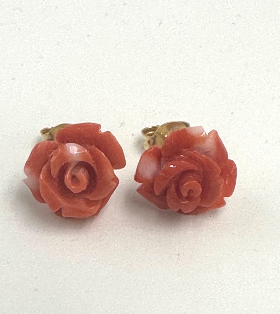 没有保留价 - 耳环 - 18K包金 黄金 珊瑚 - 珊瑚 #1.0