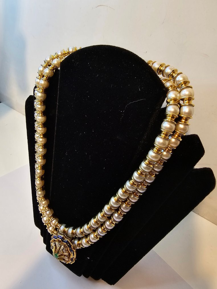 Halsketting - 18 karaat Geel goud Parel - Smaragd #1.0