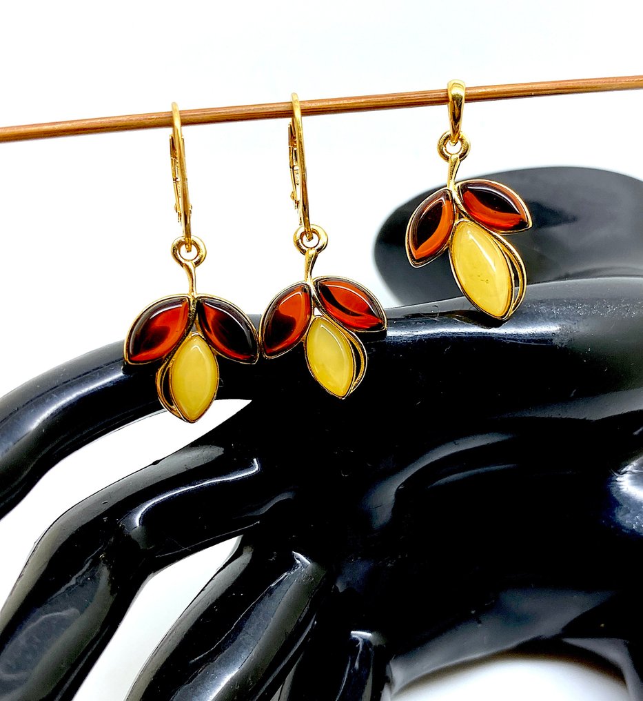 Natuurlijke amberset - hanger en oorbellen in sterling zilver, 24-karaats goud verguld. - Barnsteen - Baltic amber - succinite (Zonder Minimumprijs) #1.0